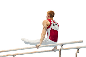 gymnast exercise parallel bars in gymnastics isolated on transparent background, element l-sit in...