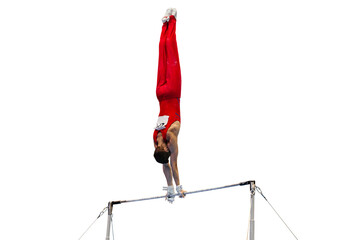 gymnast exercise horizontal bar in championship gymnastics isolated on transparent background, element handstand