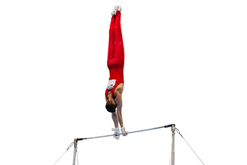 gymnast exercise horizontal bar in championship gymnastics isolated on transparent background,...