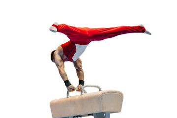 male gymnast performing on pommel horse competition artistic gymnastics isolated on transparent...