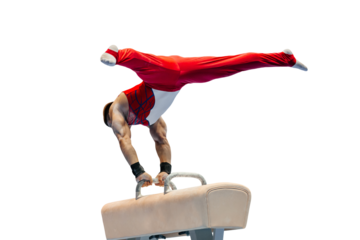 male gymnast performing on pommel horse competition artistic gymnastics isolated on transparent background