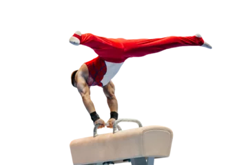 Fotobehang Gymnastiek male gymnast performing on pommel horse competition artistic gymnastics isolated on transparent background  © Real Sports Photos
