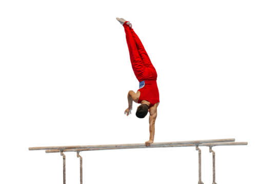 male gymnast performing on parallel bars competition artistic gymnastics isolated on transparent background