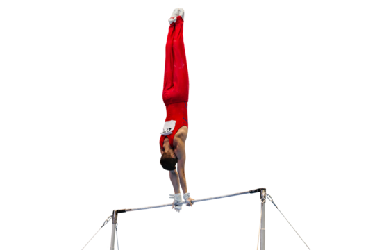 gymnast exercise horizontal bar in championship gymnastics isolated on transparent background, element handstand