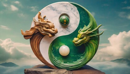 yin and yang wood and jade chinese dragon statue new year festive  - obrazy, fototapety, plakaty