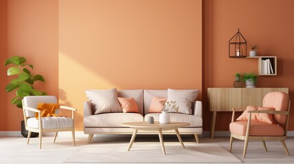 Fototapeta na wymiar Contemporary living room design featuring 2024's Color of the Year, Peach Fuzz, as the wall paint, creating a stylish and modern interior ambiance