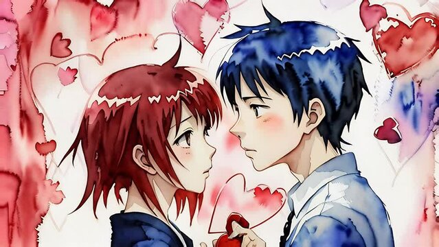 Two anime characters are seen exchanging gifts. The background is filled with colorful hearts. Ideal for themes related to love, friendship, and Valentines Day. Watercolor. Stop motion style. Zoom in