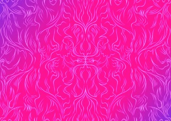 Hand-drawn abstract seamless ornament. Neon gradient (plastic pink to proton purple) background and glowing pattern on it. Cloth texture. Digital artwork, A4. (pattern: p11-1a)