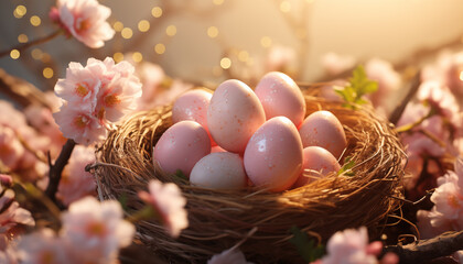 Easter decorated pastel eggs in flowers. background for a postcard for Easter.