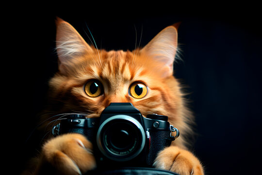 Red cat with a camera on a black background. AI generated