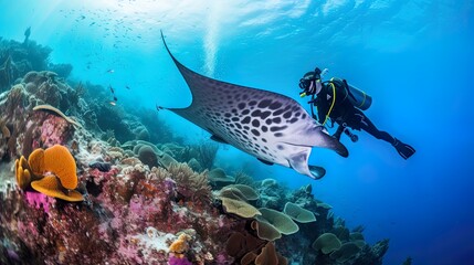 Diver observing reef manta ray Marine life underwater in blue ocean - obrazy, fototapety, plakaty