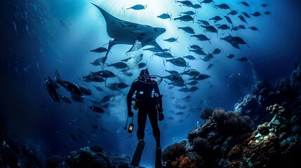 Diver observing reef manta ray Marine life underwater in blue ocean - obrazy, fototapety, plakaty
