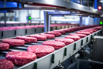 Conveyor in an eco-friendly meat factory producing beef burger cutlets.
Factory producing prepared beef on a conveyor belt: modern meat factory with ecological bioprinting