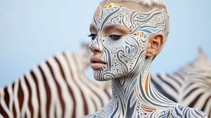 Magazine shot of a woman in body art style with model appearance. Close-up. On a colored background, body art style, airbrush, airbrush painting