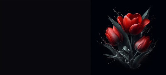 Red tulip with water splash isolated on black background, close up. Tulips. Mother's Day concept with a space for a text. Valentine's day concept with copy space. generative ai