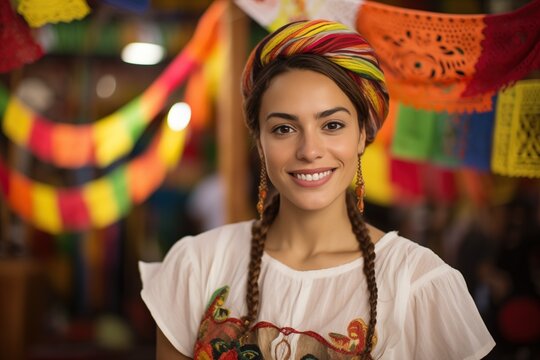 mestizo woman with asian traits wearing traditional dress for the festa junina with colorful flags in the background