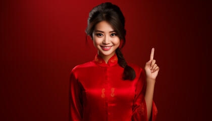 Happy Chinese new year, Asian woman wearing traditional cheongsam qipao dress with congratulation gesture hand on red background, Generative Ai