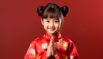 Happy Chinese new year, Asian kid girl wearing traditional cheongsam qipao dress with congratulation gesture hand on red background, Generative AI