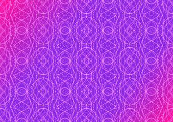 Hand-drawn abstract seamless ornament. Neon gradient (plastic pink to proton purple) background and glowing pattern on it. Cloth texture. Digital artwork, A4. (pattern: p10-2c)