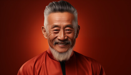 Happy Chinese new year, Asian elderly senior man wearing traditional cheongsam dress on red background, Generative AI