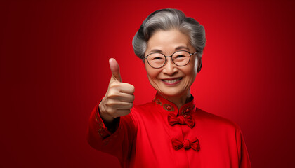 Happy Chinese new year, Asian elderly senior woman doing thumbs up wearing traditional cheongsam dress on red background, Generative AI