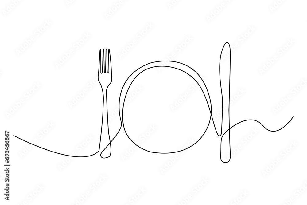 Poster continuous one line drawing of fork and knife with a plate