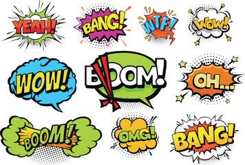 Comic Book Pop Art Elements. Cartoon comic sign burst clouds. boom sign expression and pop art text frames. Wow, bang, omg ... Set of comic speech bubbles with halftone shadows.Vector illustration V8. - obrazy, fototapety, plakaty