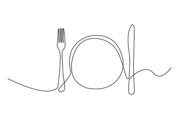 Continuous one line drawing of fork and knife with a plate