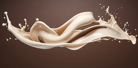 Zelfklevend Fotobehang Chocolate with milk fluid splash texture. Swirl flow of a wave of chocolate with drops © Oksana