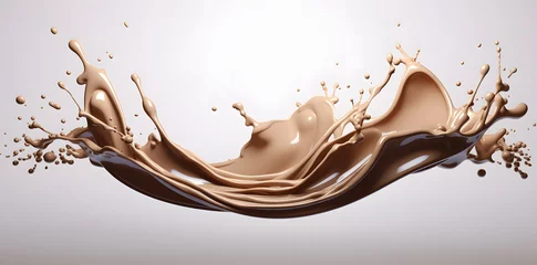 Gordijnen Chocolate with milk fluid splash texture. Swirl flow of a wave of chocolate with drops © Oksana