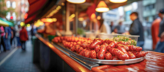 The market stall offers a mouthwatering currywurst, a quintessential German meal with grilled pork...