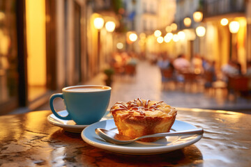 A delightful scene with a pastel de nata, a cup of latte, creating a perfect setting for a cozy meal in a restaurant or bakery. - obrazy, fototapety, plakaty