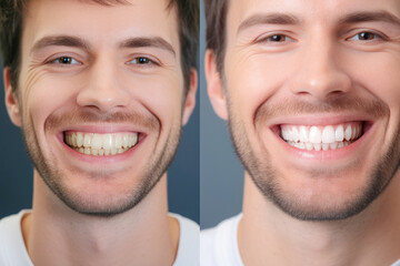 tooth whitening with a captivating before-and-after snapshot, featuring a beaming man showcasing a dazzling white smile. - obrazy, fototapety, plakaty