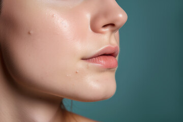 Closeup of a young woman's face, highlighting acne and oily skin, underscoring the challenges of teenage skincare and the need for effective beauty care.