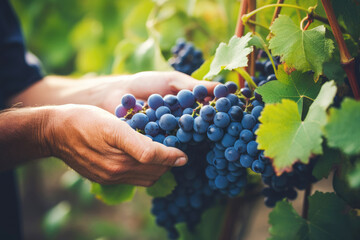 Closeup of a vintner holding a bunch of fresh, red grapes against the vibrant backdrop of a blue...