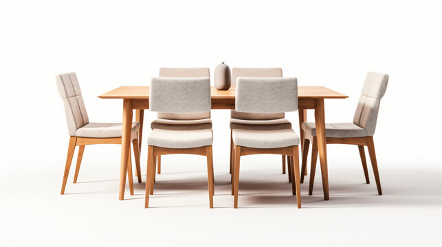 An isolated wooden and fabric dining table and chair