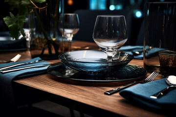 Dreamlike Scandinavian Restaurant Setting in Dark Beige and Light Azure