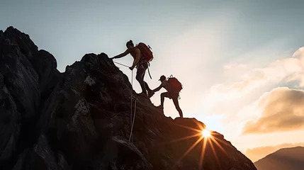Deurstickers Silhouette People helping each other  hikers climbing up mountain cliff team work successfully © Joyous BG