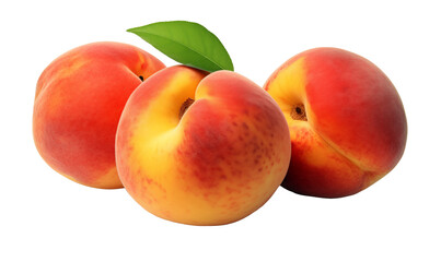 Peaches with leaves isolated on transparent background. Clipping path included.