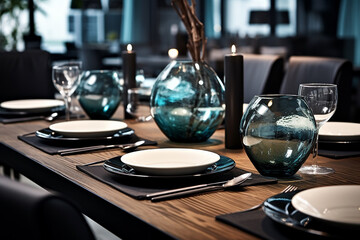 Dreamlike Scandinavian Restaurant Setting in Dark Beige and Light Azure