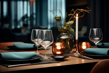 Fototapeta na wymiar Dreamlike Scandinavian Restaurant Setting in Dark Beige and Light Azure