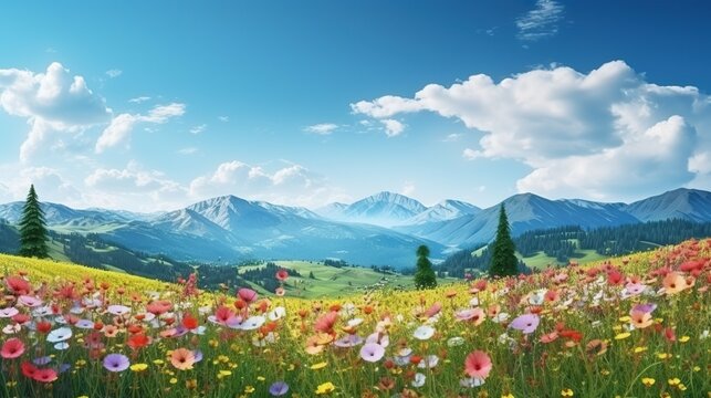 Hiking through Beautiful mountain village scenery with fresh flower field meadows Highlands