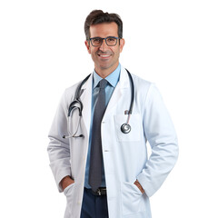 Confident Male Doctor in White Coat with Stethoscope, Standing with Hands in Pockets on Transparent Background, PNG