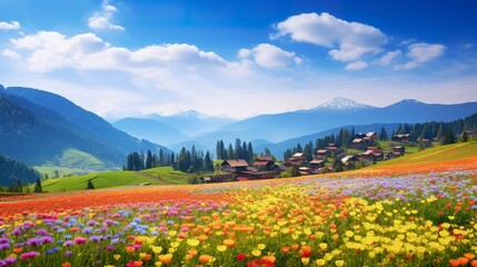 Fototapeta na wymiar Hiking through Beautiful mountain village scenery with fresh flower field meadows Highlands
