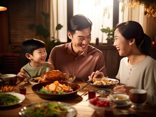 Happy asian family  having easter dinner together to celebrate christmas Thanksgiving lunch. holiday in cozy home