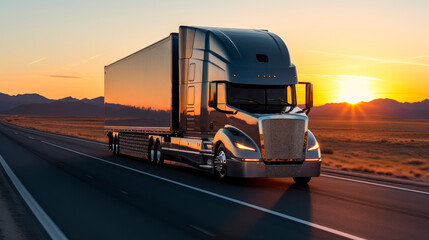 Futuristic technology concept- autonomous self-driving truck with cargo trailer.