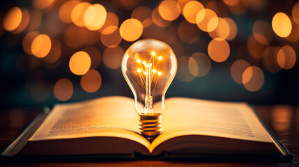 Light bulb glowing on open book. Idea of ​​inspiration from reading, innovation idea concept.