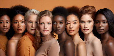 Diverse group of beautiful women from different races come together to create a vibrant portrait. Multi ethnical group of women together
