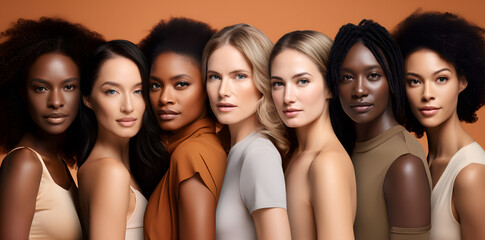 Obraz premium Diverse group of beautiful women from different races come together to create a vibrant portrait. Multi ethnical group of women together