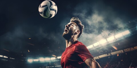 Action-packed photo of a soccer player executing a powerful header during a game, emphasizing skill and determination - obrazy, fototapety, plakaty